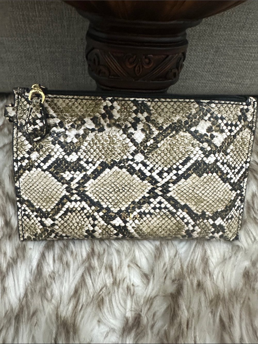 RALPH LAUREN Gold and Black Snake-Print Zip Clutch or make up bag